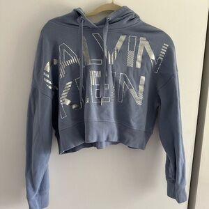 Calvin Klein Cropped Hoodie in Dusty Blue with Silver Logo